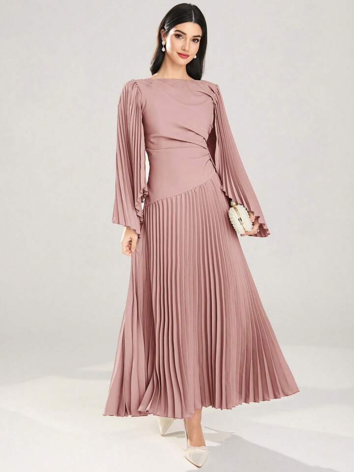 CM-DS914659 Women Elegant Seoul Style Round Neck Long Sleeve Asymmetrical Pleated Dress - Pink