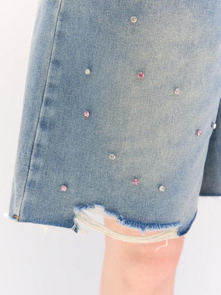 CM-BS022740 Women Casual Seoul Style Rhinestone Decor Pocket Fringe Hem Loose Denim Shorts
