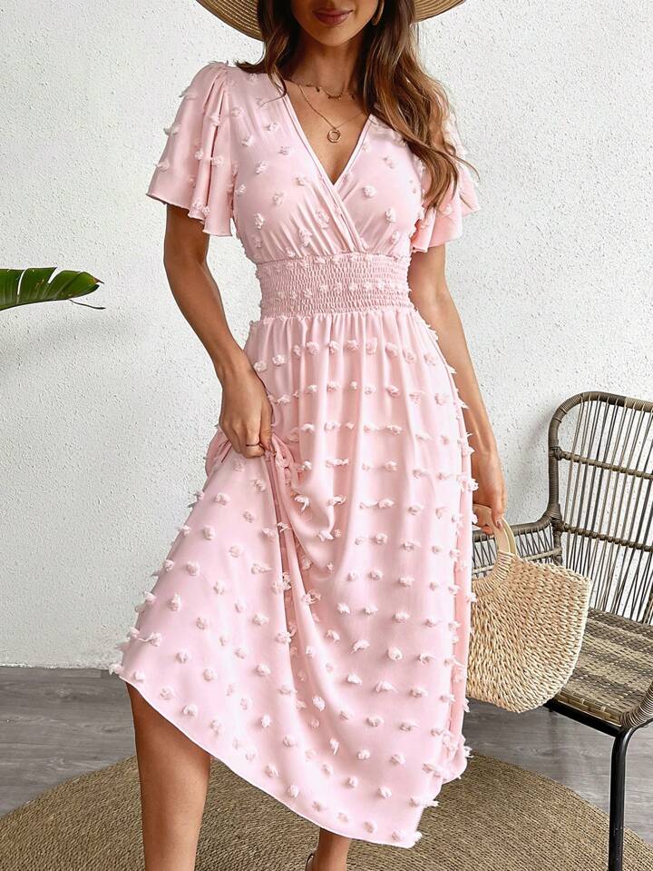 CM-DS224449 Women Casual Seoul Style Short Sleeve V-Neck Waist Gathered Dress - Pink