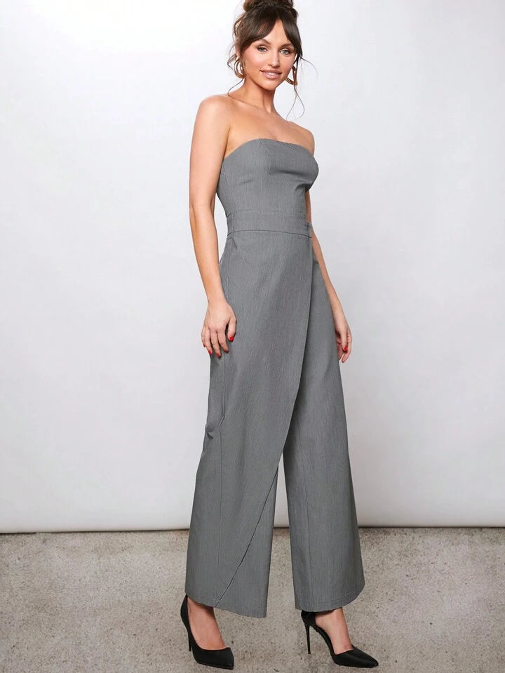 CM-JS548483 Women Elegant Seoul Style Tube High Waist Wrap Wide Leg Jumpsuit - Gray