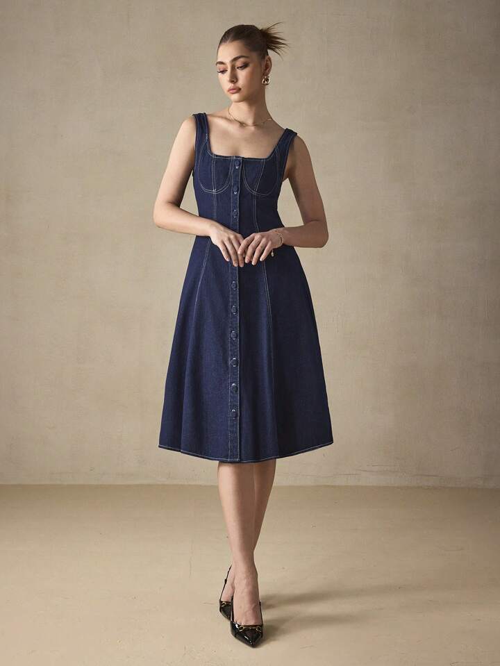 CM-DS519878 Women Elegant Seoul Style Solid Color Square Neck Sleeveless Knee Length Denim Dress - Blue