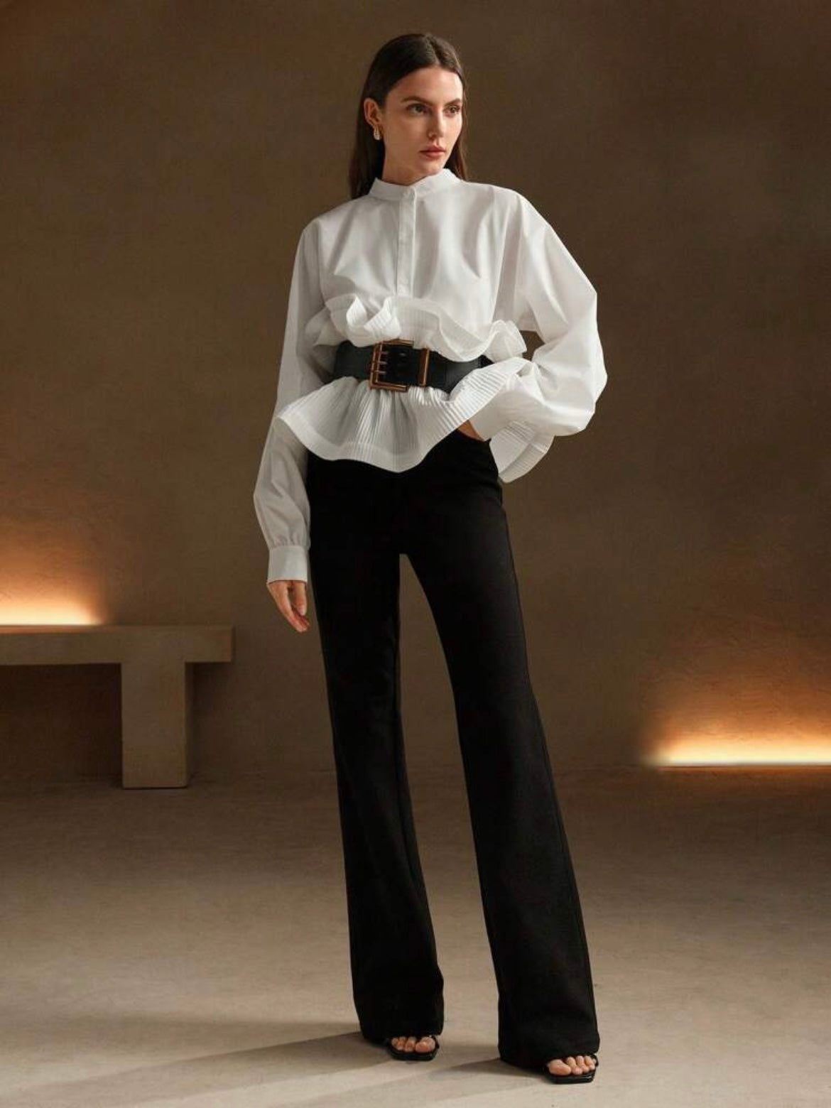 CM-TS961174 Women Elegant Seoul Style Multi-Layer Ruffles Waist Cinching Loose Shirt - White