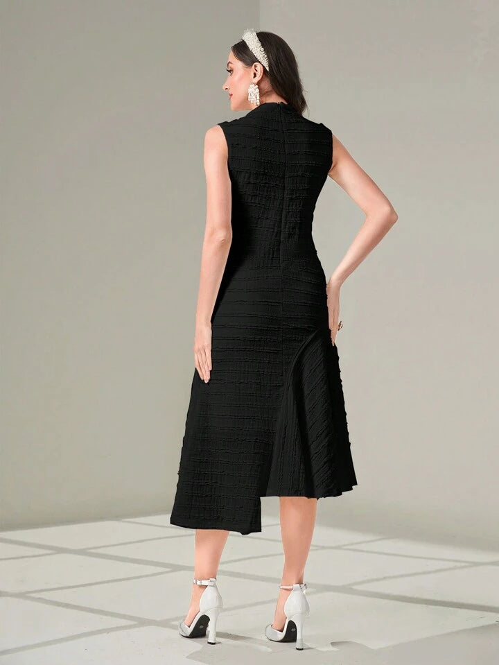 CM-DS201110 Women Casual Seoul Style Solid Color Stand Collar Sleeveless Midi Dress - Black