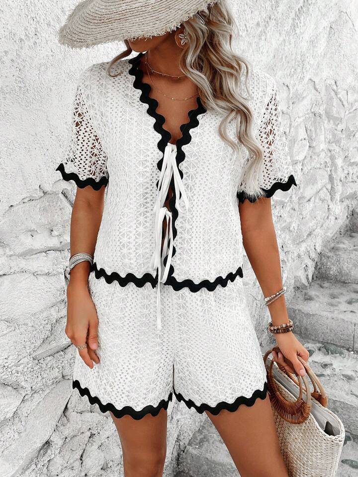 CM-SS149483 Women Trendy Bohemian Style Hollow Out Front Tie Short Sleeve Top With Shorts - White