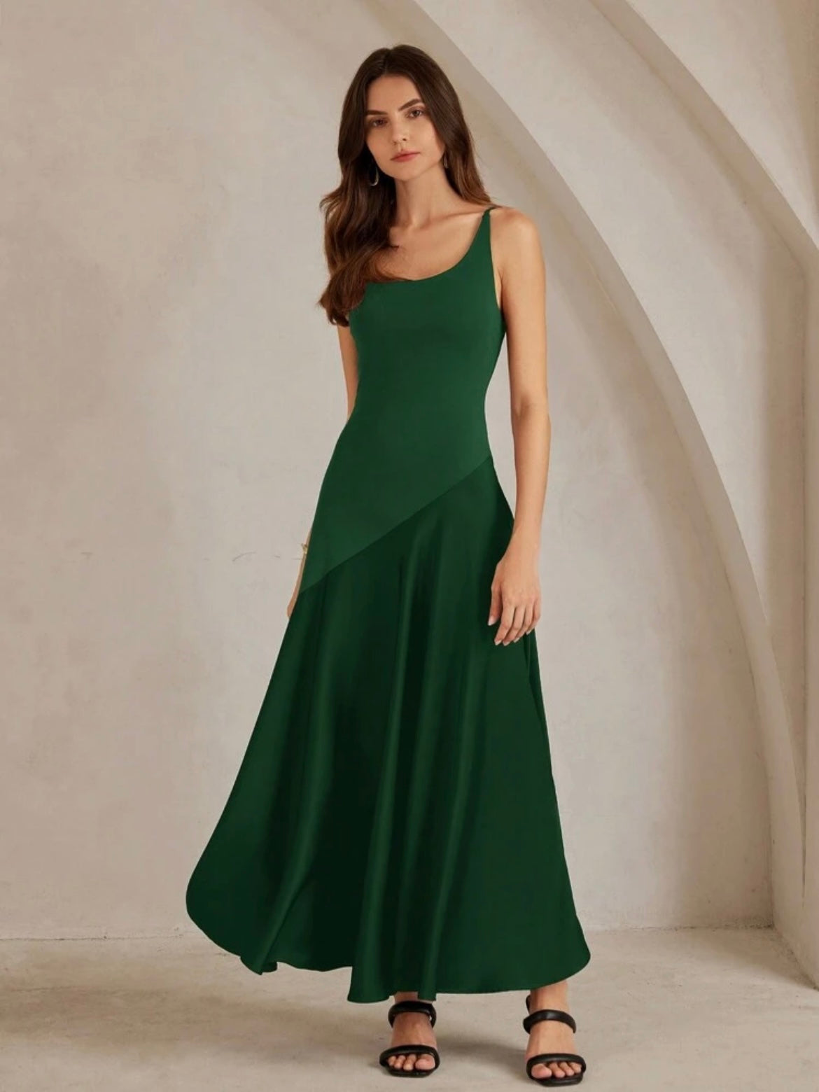 CM-DS289049 Women Elegant Seoul Style Solid Color Minimalist Spaghetti Strap Maxi A-Line Dress - Green