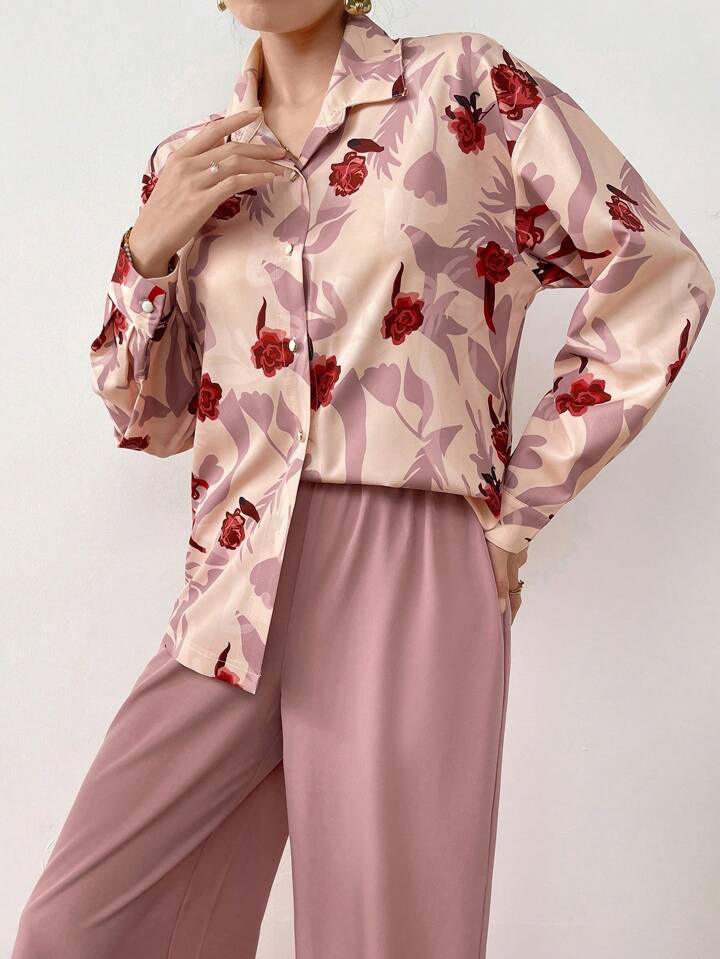 CM-SS278949 Women Casual Seoul Style Floral Front Button Long Sleeve Blouse With Pants - Sets