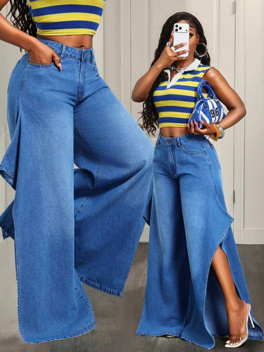 CM-BS843650 Women Casual Seoul Style Split Mid Waist Split Thigh Straight Leg Denim Jeans - Blue