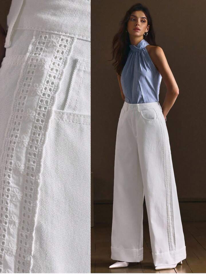 CM-BS517956 Women Casual Seoul Style Mid Waist Floral Lace Patchwork Straight Leg Jeans - White