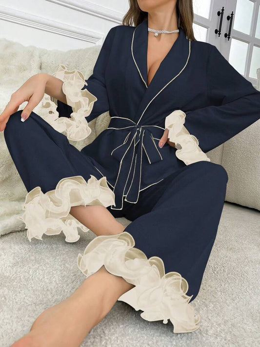 CM-LS133111 Women Trendy Seoul Style Color Block 3D Floral Decoration Long Sleeve Pajama Set - Navy Blue