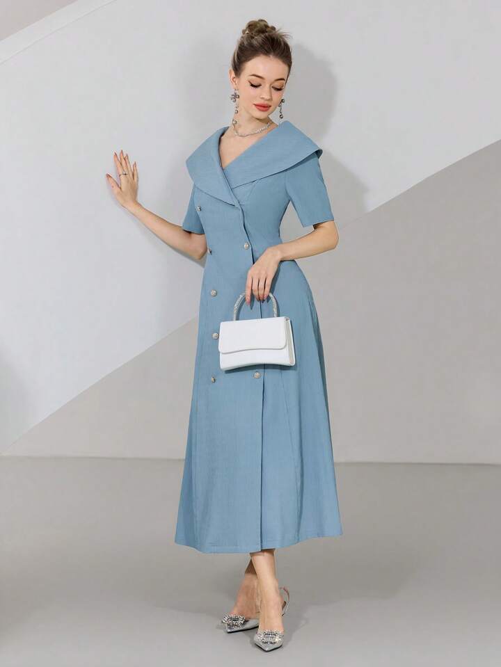 CM-DS665616 Women Elegant Seoul Style Solid Color Lapel Neckline Double-Breasted Short Sleeve Long Dress - Blue