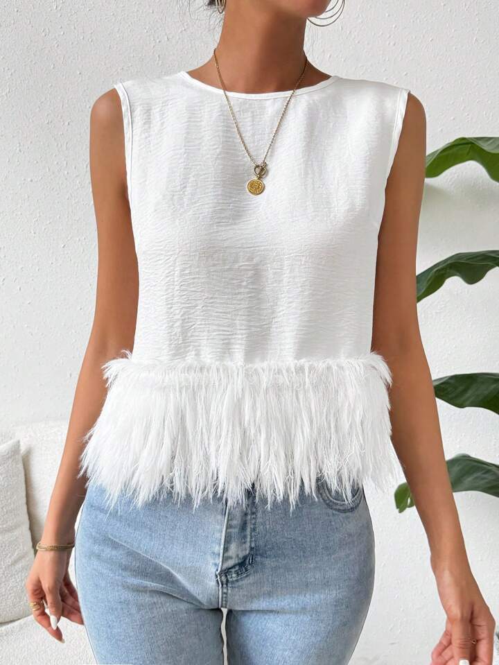 CM-TS998788 Women Casual Seoul Style Round Neck Sleeveless Loose Furry Hem Blouse - White