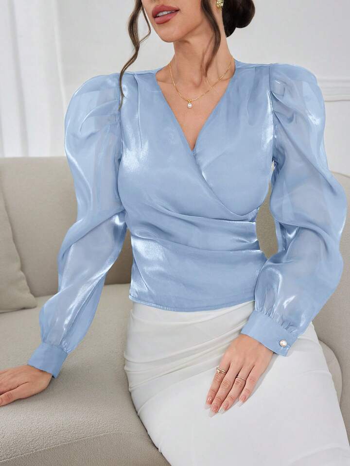 CM-TS584060 Women Elegant Seoul Style Solid Color V-Neck Puff Sleeve Wrap-Around Shirt - Baby Blue
