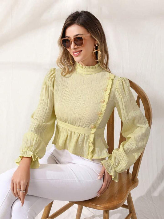 CM-TS532391 Women Elegant Seoul Style Stand Collar Ruffle Hem Long Sleeve Shirt - Yellow