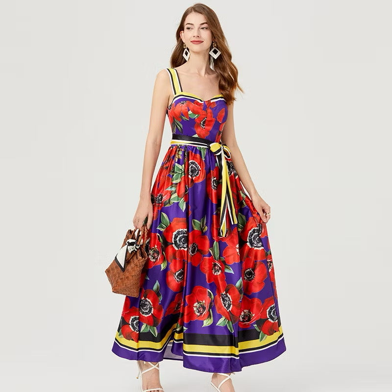 CM-DY007761 Women Casual European Style Floral Prnts Square Neck Sleeveless High Waist Slim Maxi Dress (Available in 2 colors)