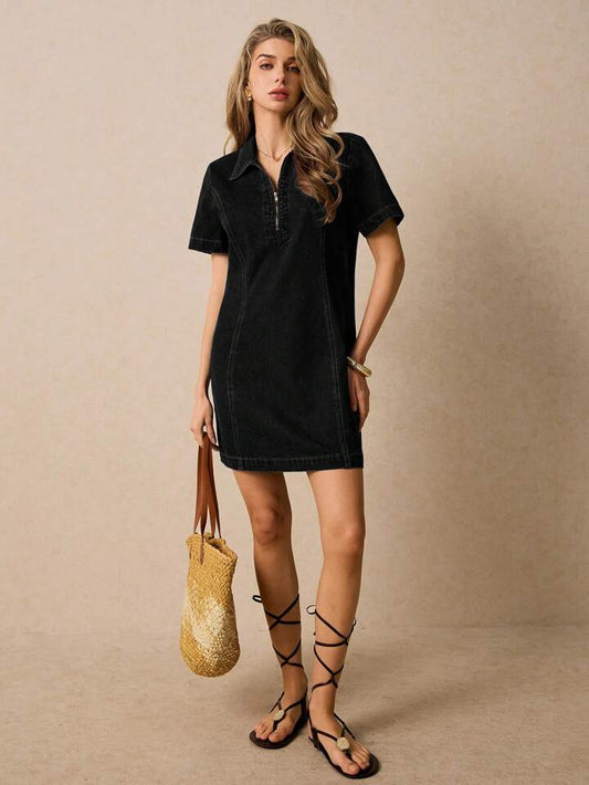 CM-DS785952 Women Casual Seoul Style Zipper Front Short Sleeves Shirt Collar Denim Dress - Black