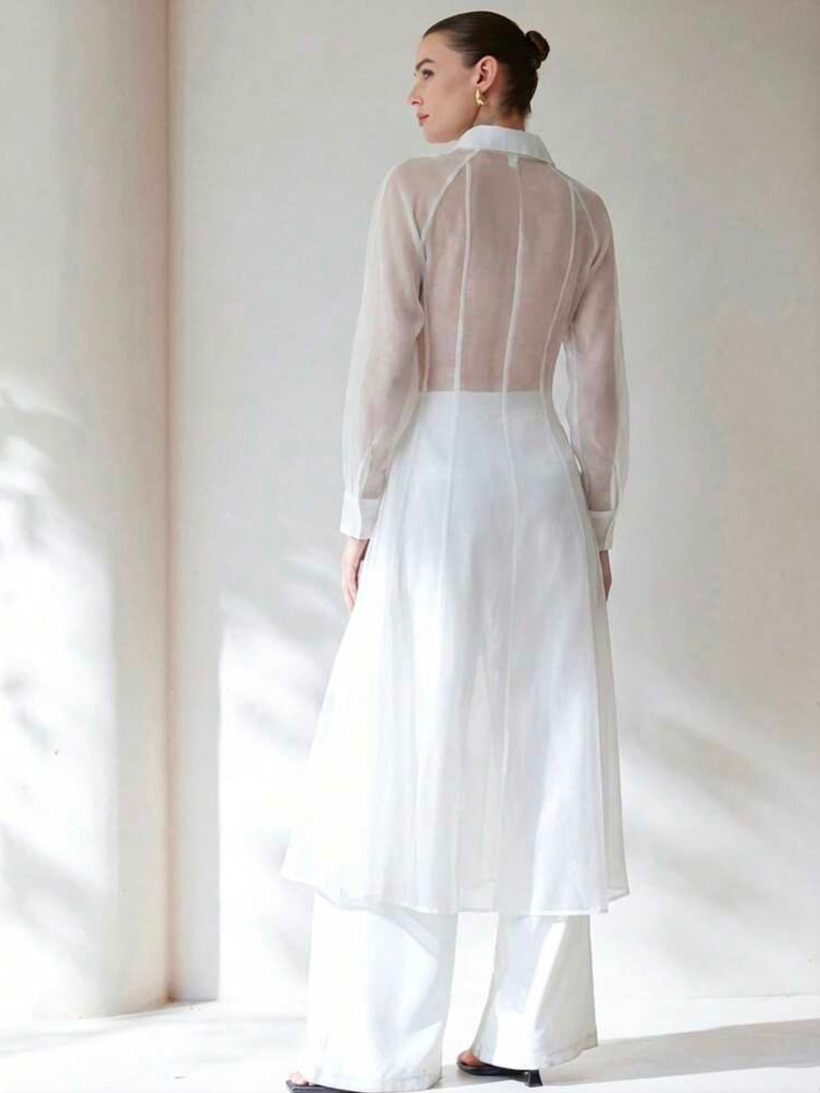 CM-TS744413 Women Casual Seoul Style Translucent Textured V-Neck Long Sleeve Gathered Waist Shirtdress - White