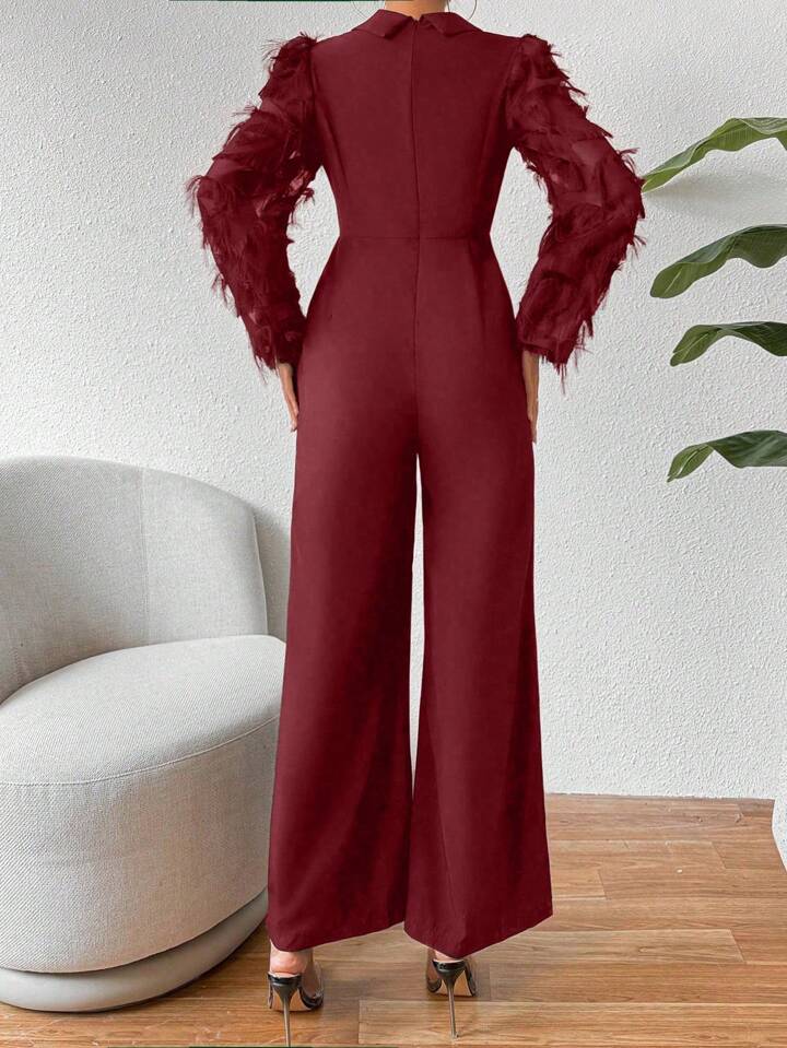 CM-JS241004 Women Elegant Seoul Style Tassel Trimmed Shawl Collar Wide Leg Jumpsuit - Burgundy