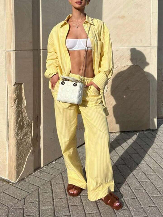 CM-SS310832 Women Trendy Bohemian Style Striped Drop Shoulder Long Sleeve Blouse With Wide Leg Pants - Set