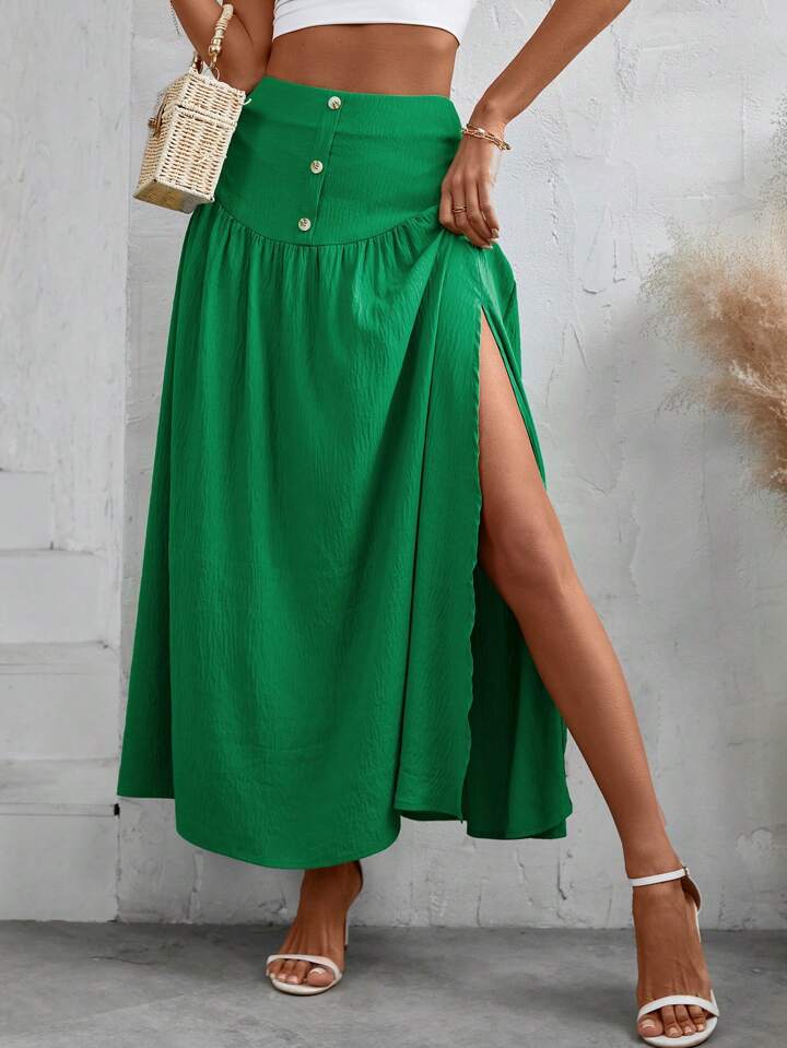 CM-BS838934 Women Trendy Bohemian Style Solid Color High Slit Skirt - Green
