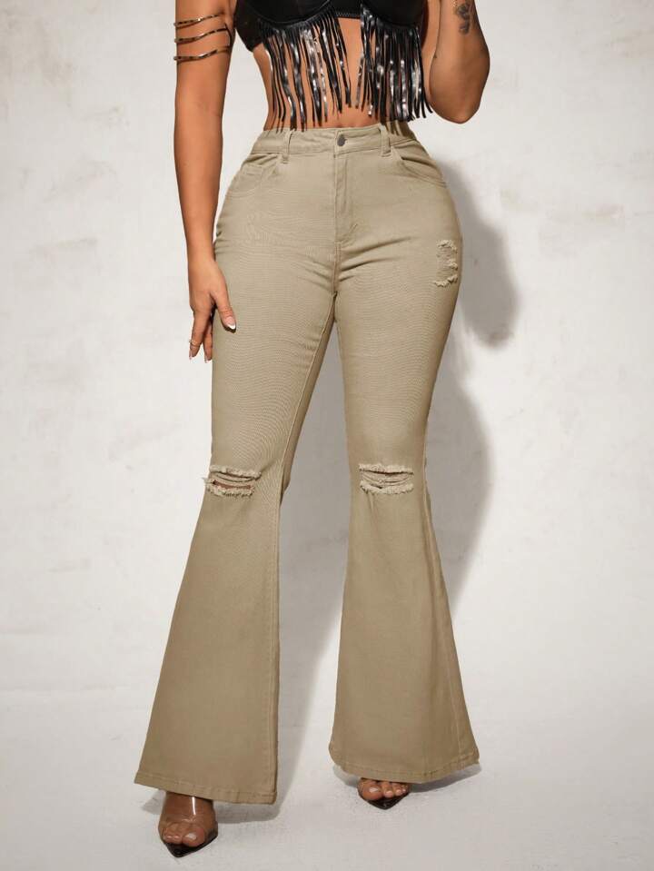 CM-BS938328 Women Casual Seoul Style Solid Color Frayed Hem Skinny Flared Jeans - Khaki
