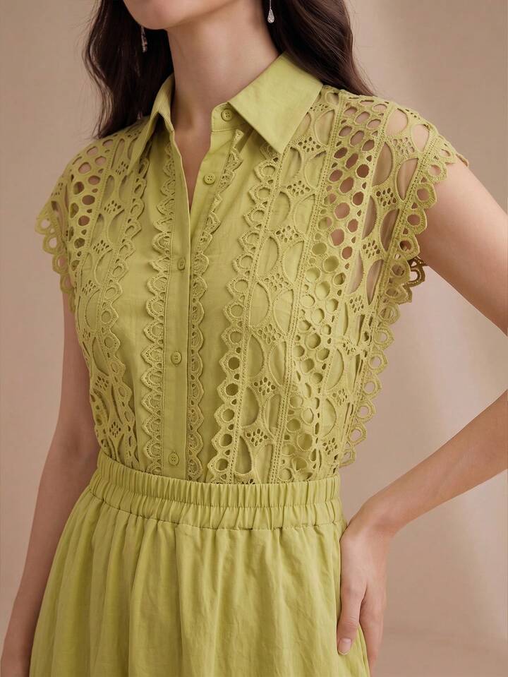 CM-SS636973 Women Elegant Seoul Style Hollow Floral Splice Collar Neckline Sleeveless Shirt With Flared Skirt - Set
