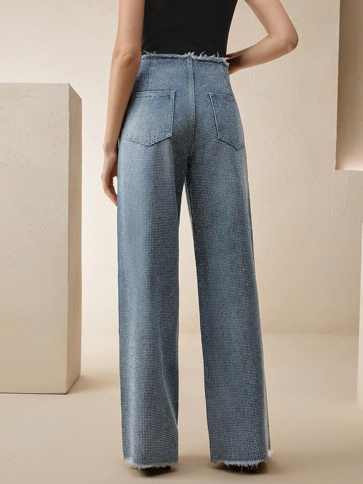 CM-BS407709 Women Elegant Seoul Style Mid Waist Rhinestone Decorated Straight Cut Frayed Hem Jeans - Blue