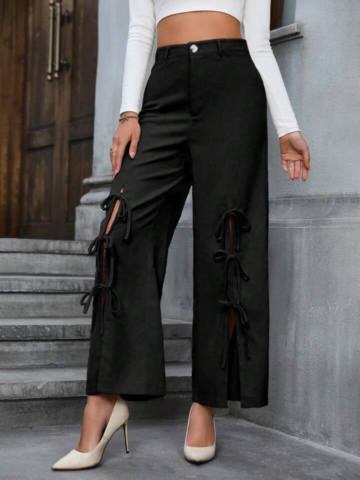 CM-BS641421 Women Casual Seoul Style Bowknot Decoration High Slit Wide Leg Pants - Black