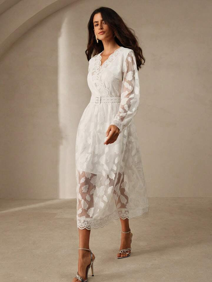 CM-DS009215 Women Elegant Seoul Style Lace Hollow Out Floral Cut V-Neck Puff Sleeve Cinched Midi Dress