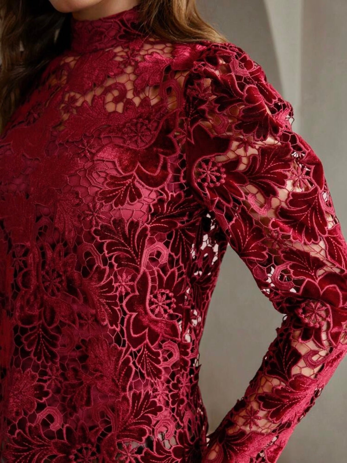 CM-TS848234 Women Elegant Seoul Style Stand Collar Long Sleeve Cut Out Floral Print Blouse