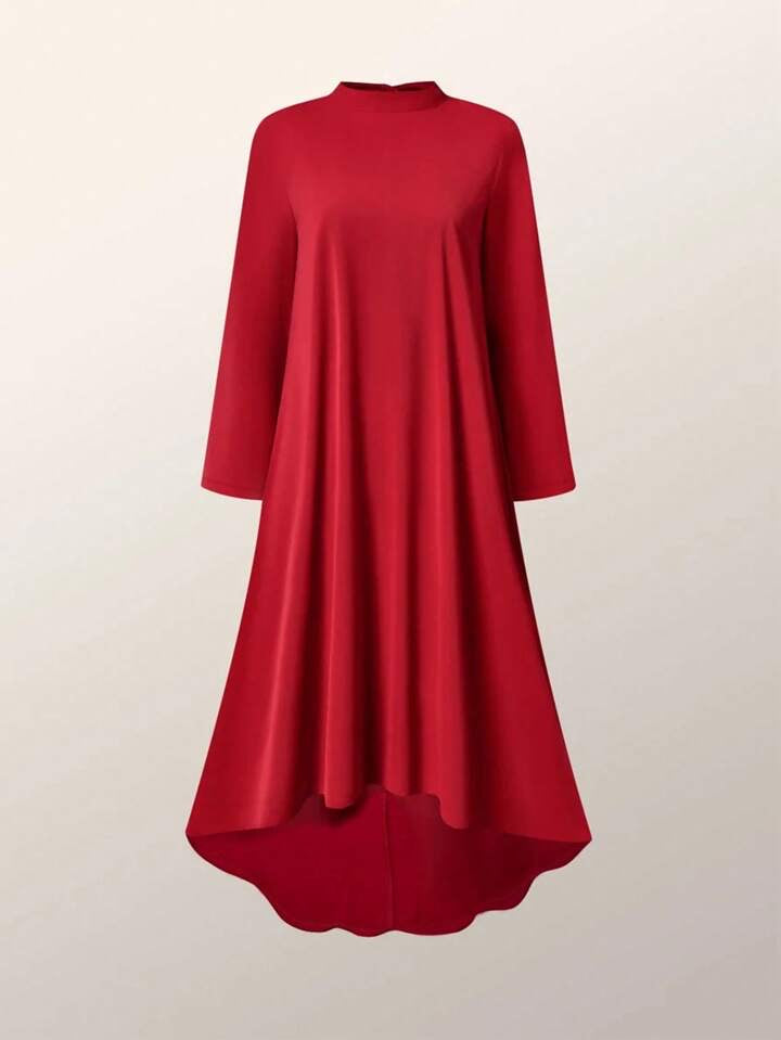 CM-DS107016 Women Elegant Seoul Style High Collar Long Sleeve Mid-Length Dress - Red