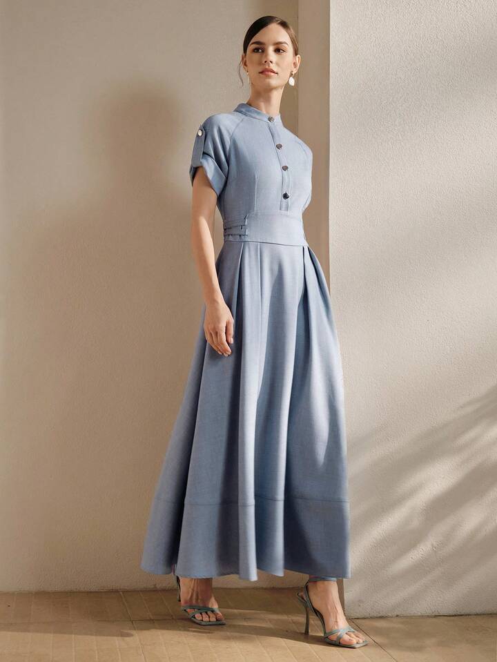 CM-DS020205 Women Elegant Seoul Style Collar Raglan Short Sleeve Waist Gathered Flared Denim Effect Dress - Blue