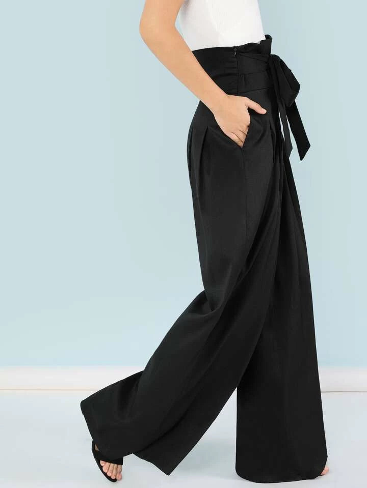 CM-BS518711 Women Elegant Seoul Style Self Belted Box Pleated Palazzo Pants - Black