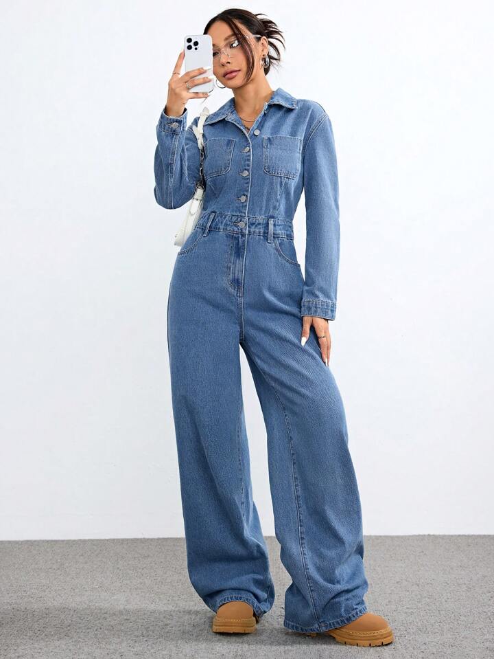 CM-JS684434 Women Casual Seoul Style Light Washed Long Sleeve High Waist Denim Jumpsuit