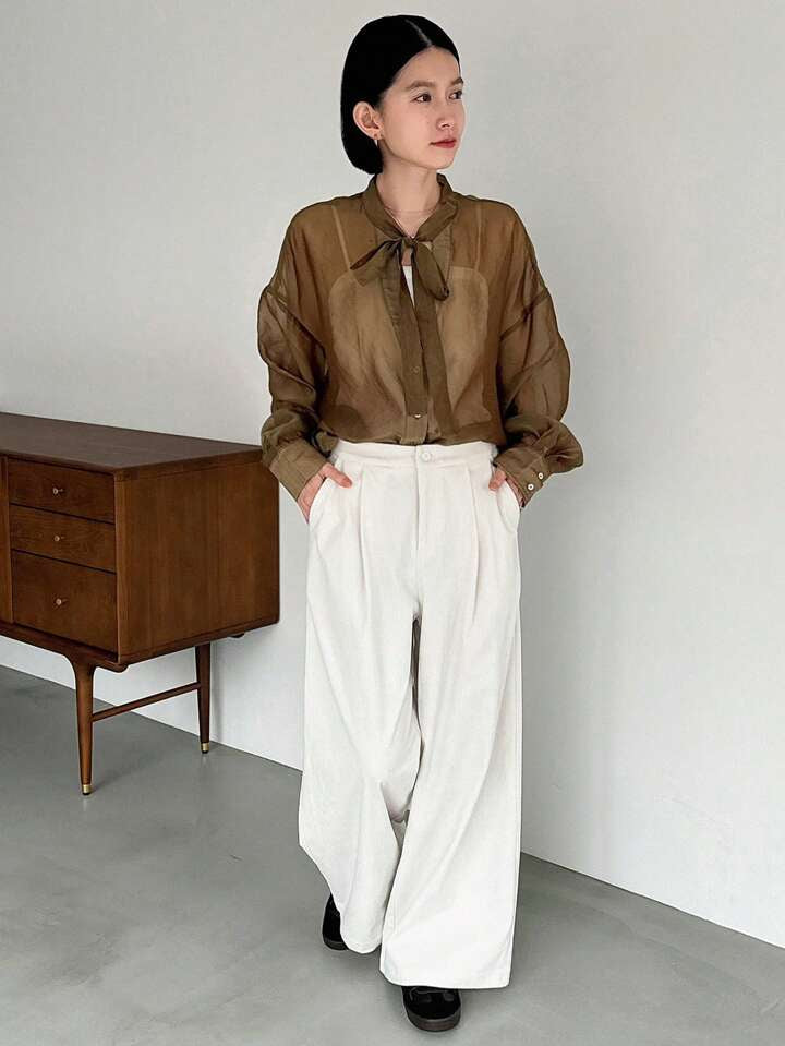 CM-BS436189 Women Casual Seoul Style Solid Color High Waist Straight-Leg Pants - White