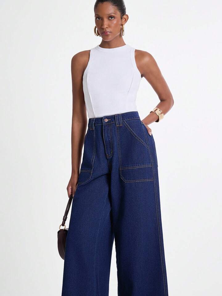 CM-BS290295 Women Casual Seoul Style Dark Wash High Waist Baggy Pocket Wide Leg Jeans