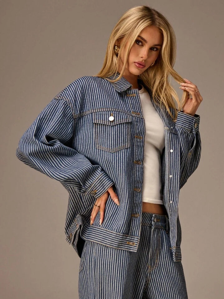 CM-CS757755 Women Casual Seoul Style Collar Neckline Long Sleeve Washed Striped Denim Jacket - Blue