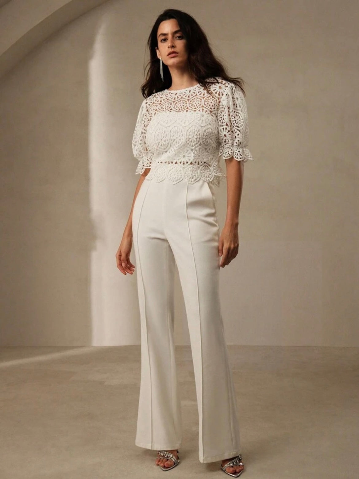 CM-TS118087 Women Elegant Seoul Style Lace Gathered Waist Lantern Sleeve Top - White
