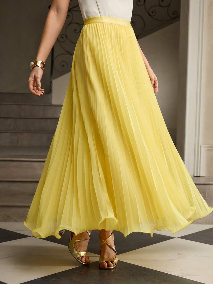 CM-BS180003 Women Elegant Seoul Style Ultra High Waist Pleated Flowy A-Line Long Skirt - Yellow