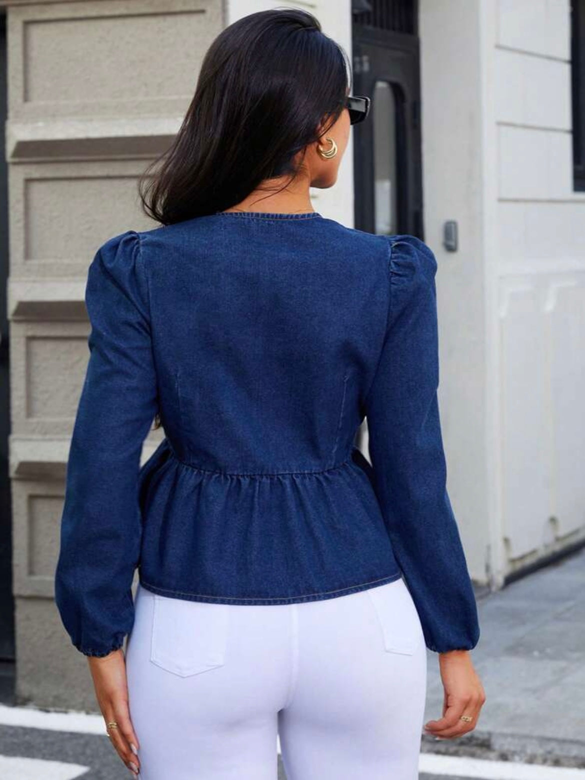 CM-TS244043 Women Casual Seoul Style Dark Wash Round Neck Bow Decor Long Sleeve Denim Blouse