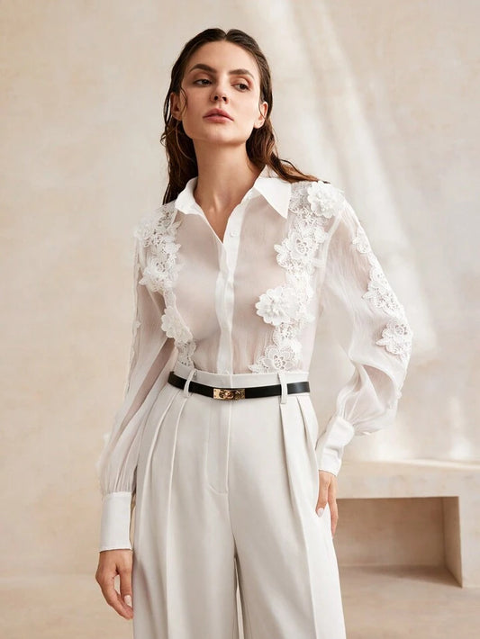 CM-TS788828 Women Elegant Seoul Style 3D Floral Embroidered Collar Necklone Long Sleeve Shirt