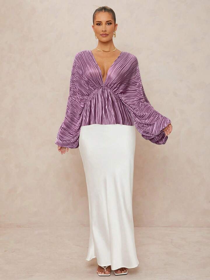 CM-TS286983 Women Elegant Seoul Style Deep V-Neck Long Sleeve Loose Fit Ruffled Hem  Oversized Blouse - Dusty Pink