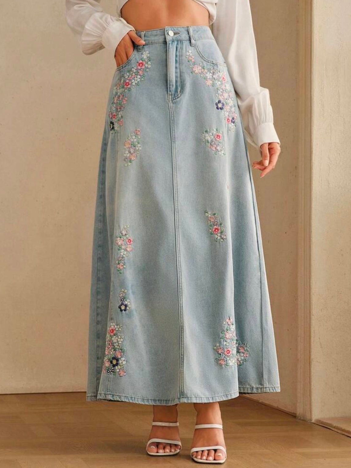 CM-BS230235 Women Casual Seoul Style Mid Waist Embroidery Slimming Design Split A-Line Denim Skirt - Blue
