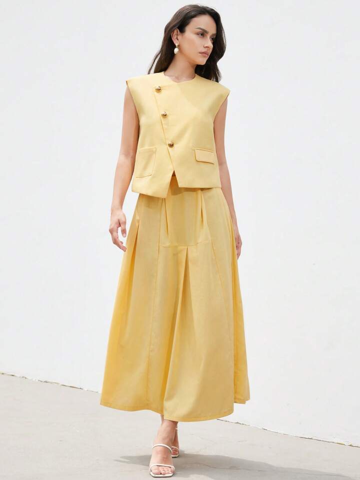 CM-SS679261 Women Elegant Seoul Style V-Neck Sleeveless Button Front Cami With Maxi Skirt - Set