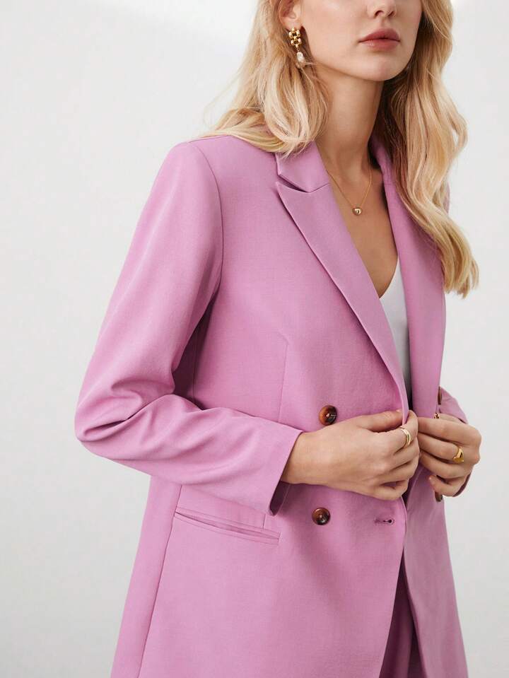 CM-SS642324 Women Elegant Seoul Style Double Breasted Lapel Jacket With Wide Leg Pants Suit - Pink