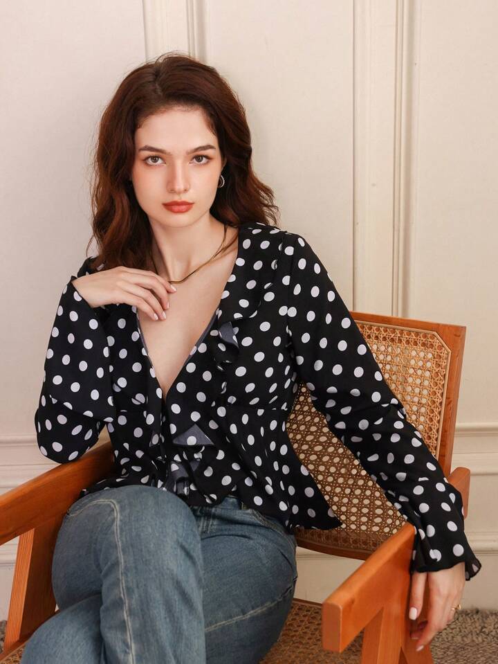 CM-TS864365 Women Casual Seoul Style Tie-Front Button-Up Long Sleeve Ruffle Hem Top