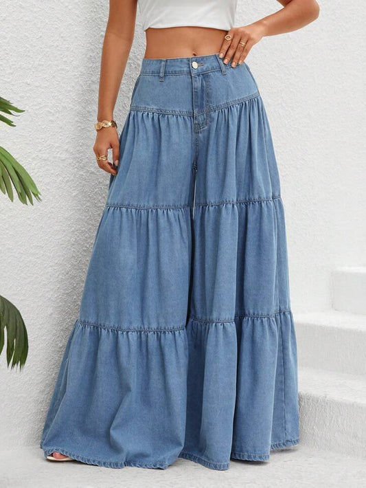 CM-BS053530 Women Casual Seoul Style Light Wash High Waist Ruffle Hem Wide Leg Jeans