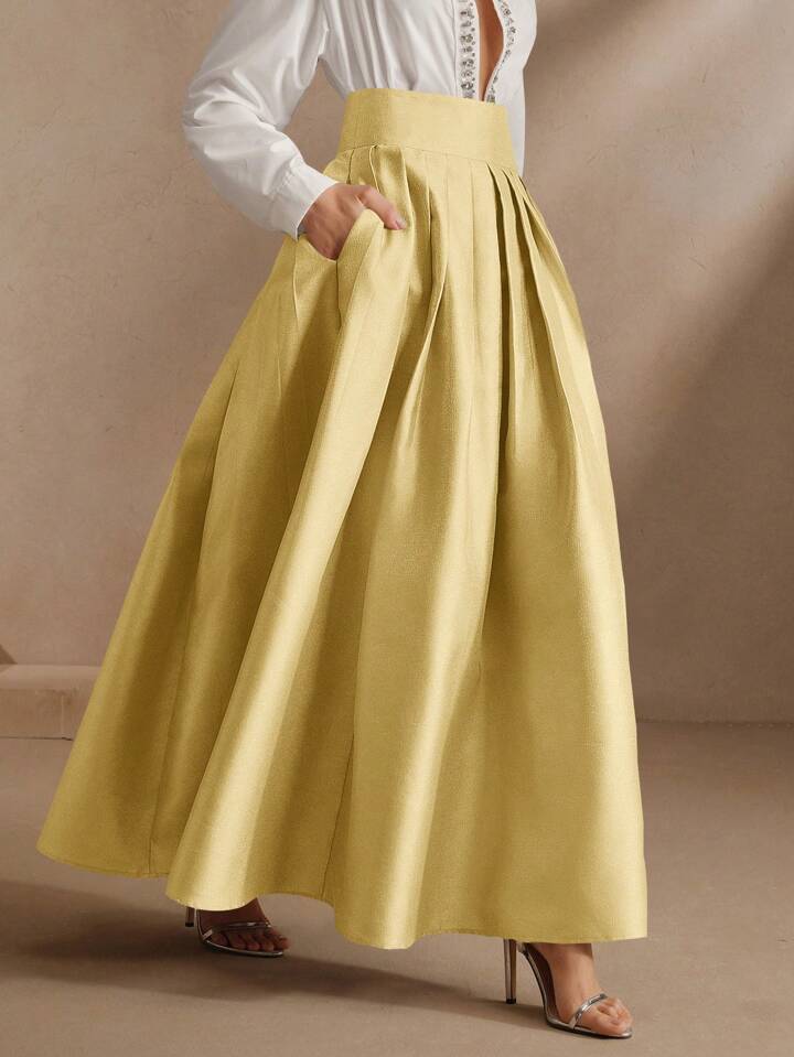 CM-BS095680 Women Elegant Seoul Style High Waisted Puff Pleated Long Skirt - Ginger