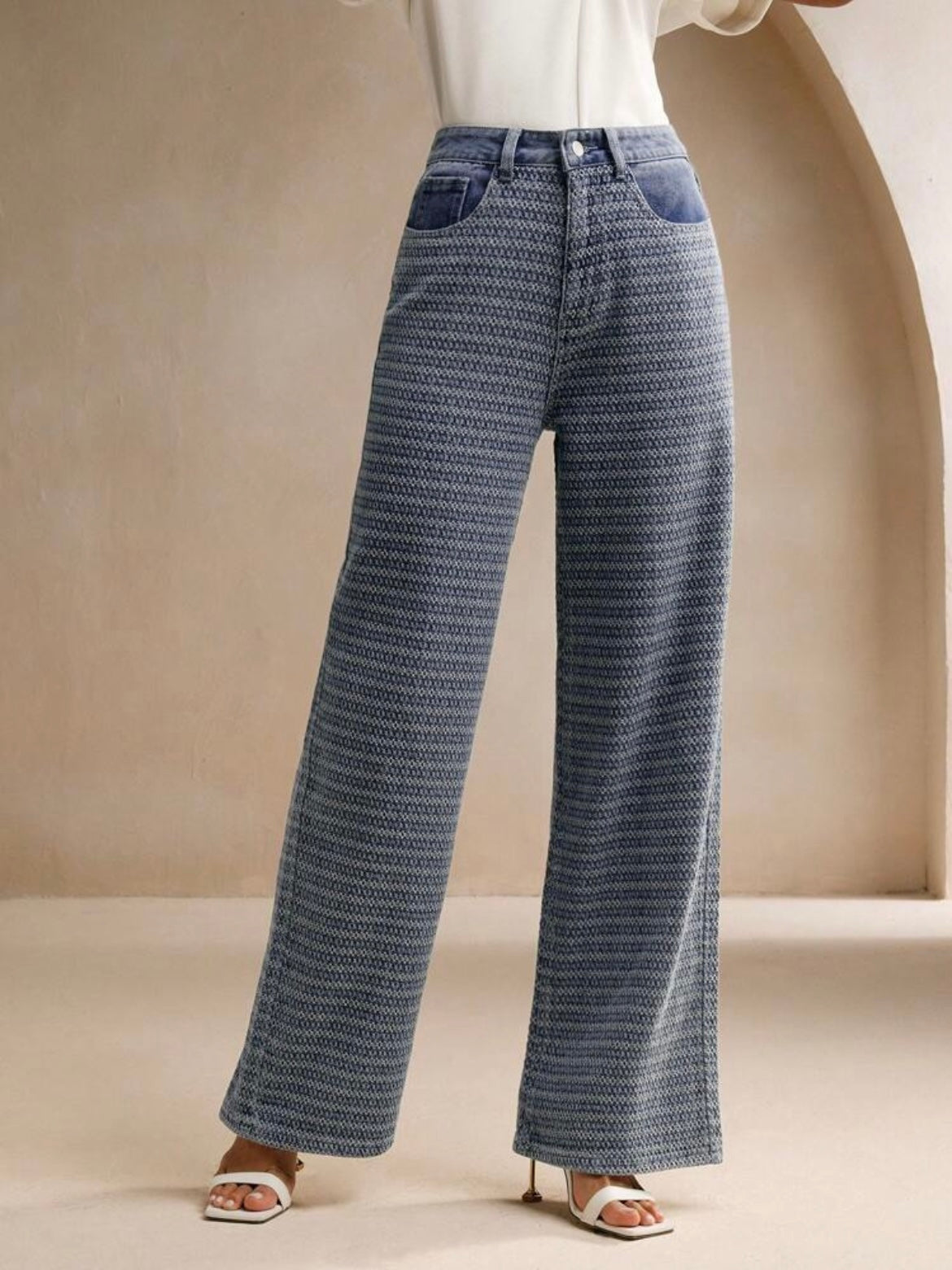 CM-BS472969 Women Casual Seoul Style Colorblock Jacquard Loose Wide-Leg Jeans - Blue