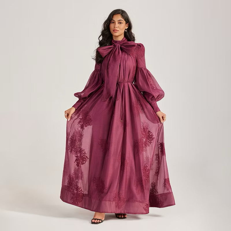 CM-DY055506 Women Elegant European Style Tie Neckline Lantern Sleeve Long Dress (Available in 2 colors)