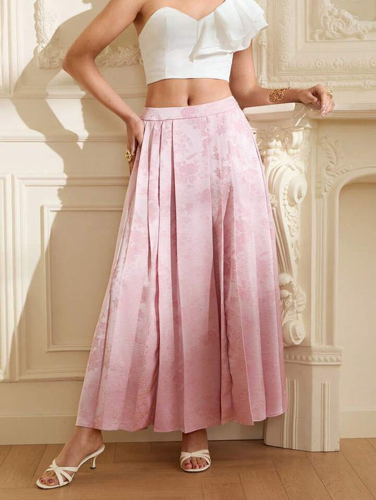 CM-BS810216 Women Elegant Seoul Style High Waist Satin Floral Texture Fabric Pleated A-Line Midi Skirt - Pink